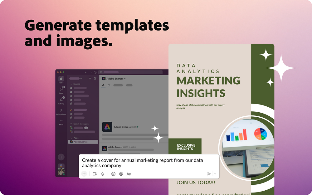 Adobe Express dashboard view — File Management app on the Slack Marketplace
