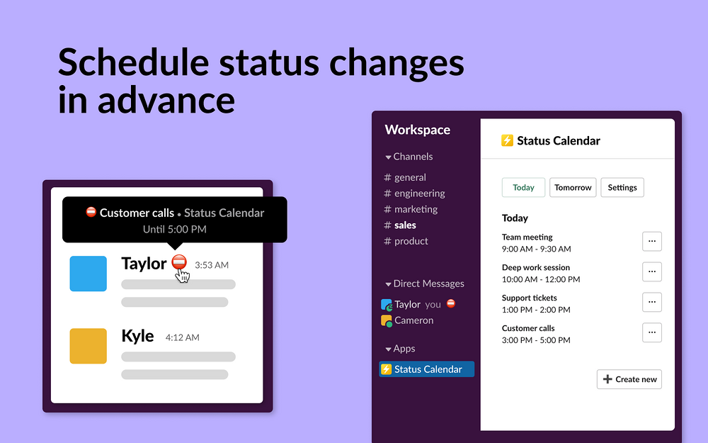 Status Calendar dashboard view — Health & Wellness app on the Slack Marketplace