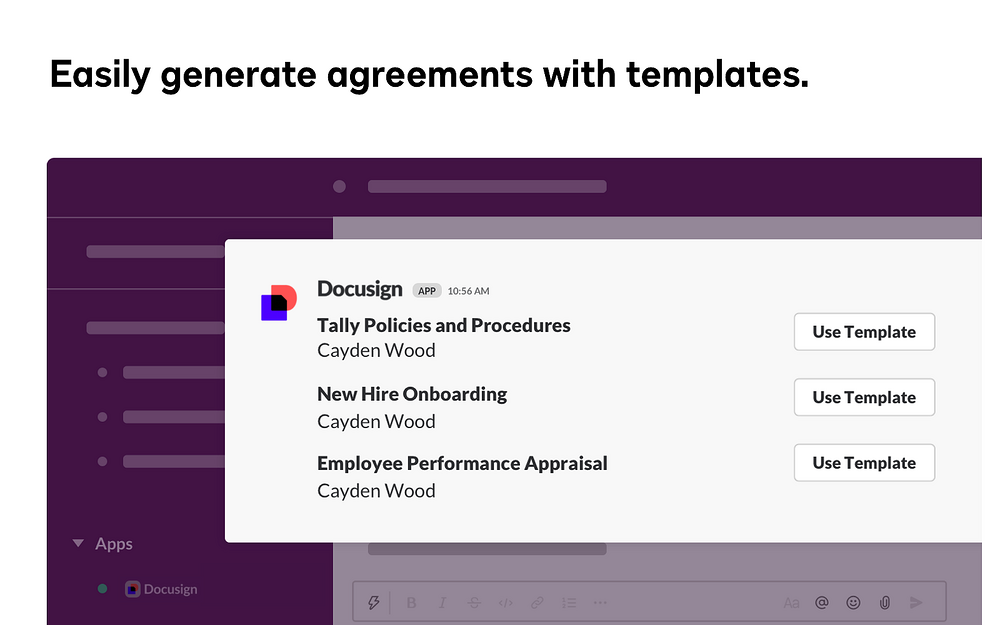 Docusign settings interface — MCP registry app on the Slack Marketplace