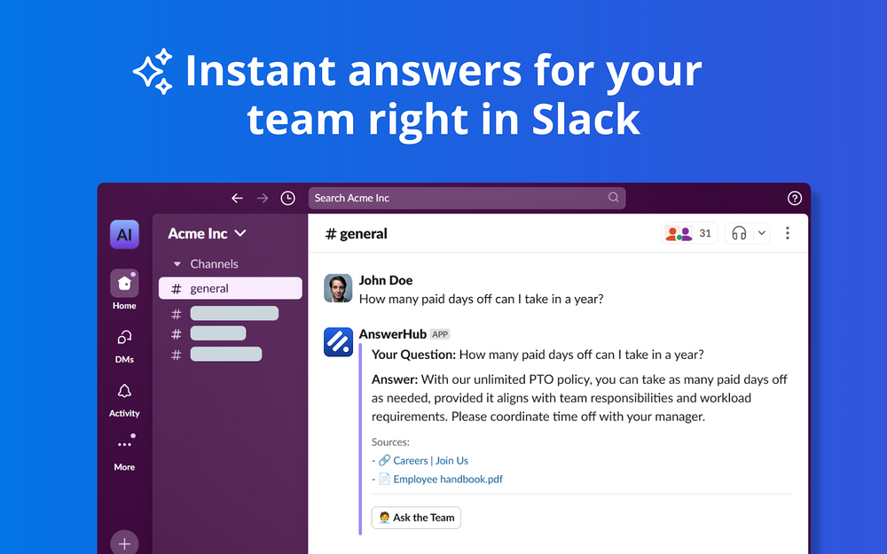 AnswerHub primary marketing image — Customer Support app on the Slack Marketplace