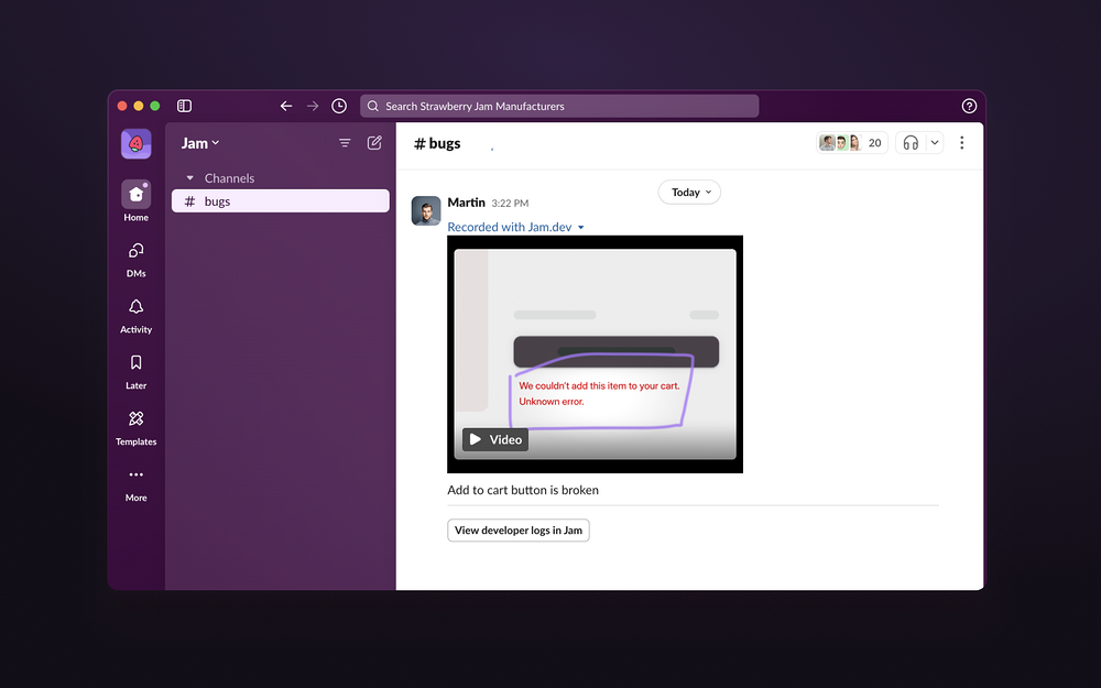 Jam dashboard view — Design app on the Slack Marketplace