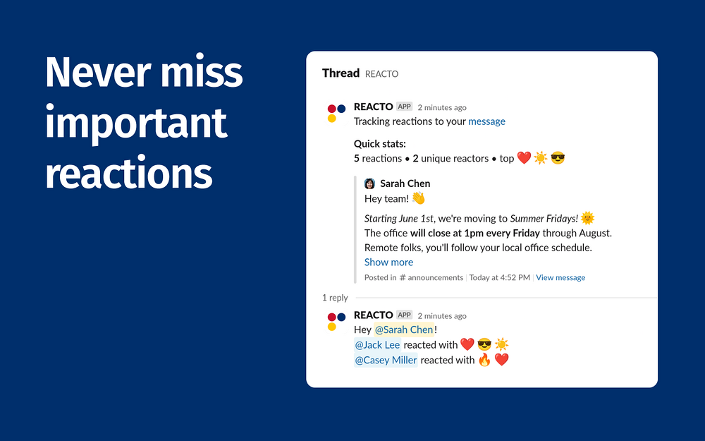 REACTO: Reaction Notifications dashboard view — Social & Fun app on the Slack Marketplace