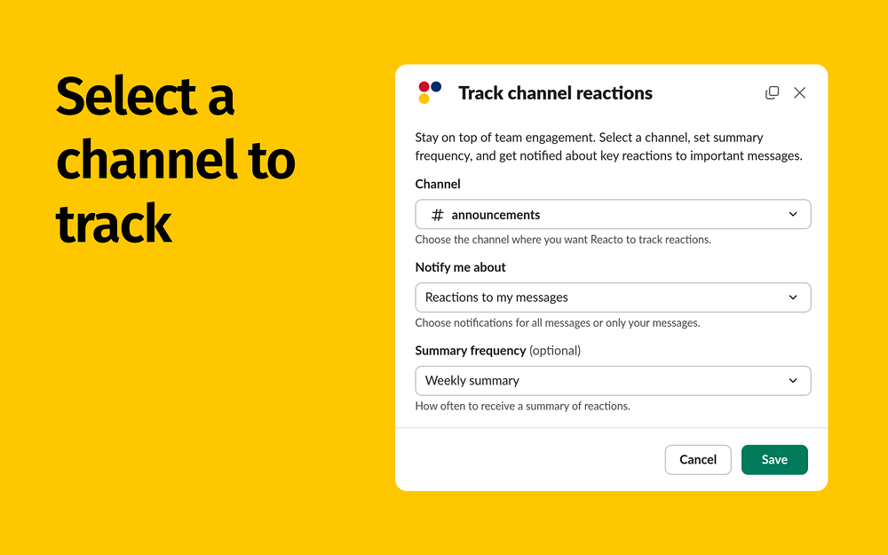 REACTO: Reaction Notifications primary marketing image — Social & Fun app on the Slack Marketplace