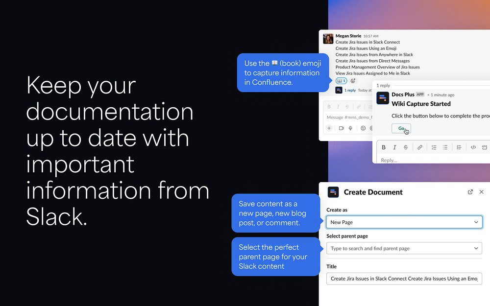 Docs+ for Confluence settings interface — Project Management app on the Slack Marketplace