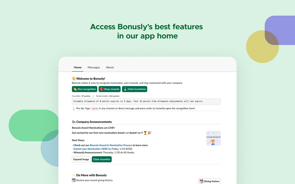 Bonusly dashboard view — Social & Fun app on the Slack Marketplace