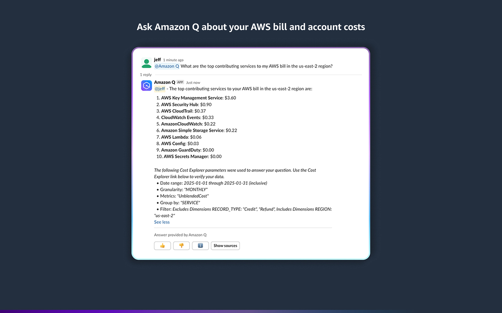 Amazon Q Developer mobile preview — Developer Tools app on the Slack Marketplace