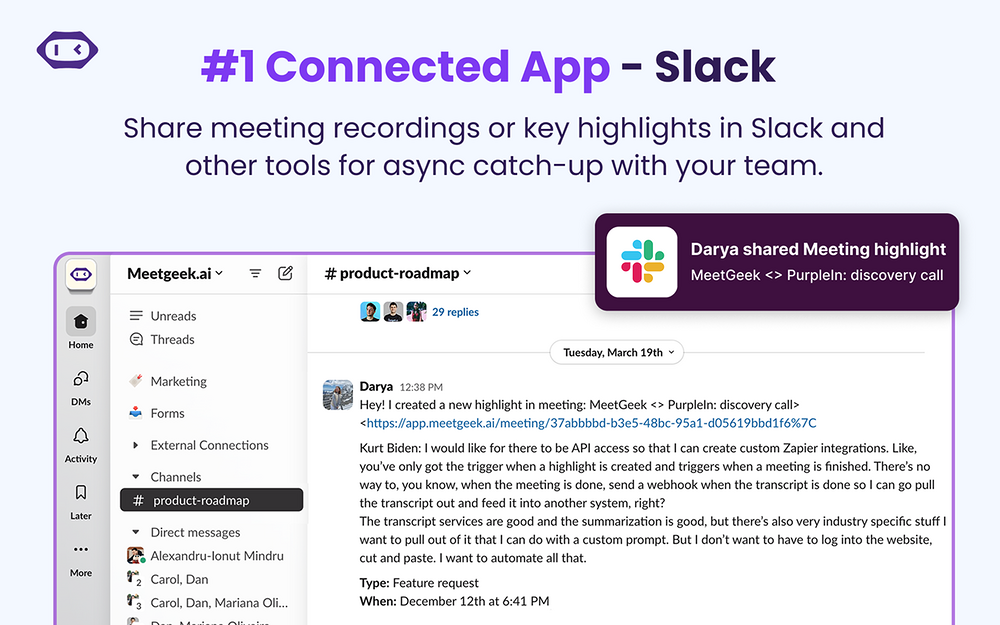 MeetGeek dashboard view — Voice & Video app on the Slack Marketplace