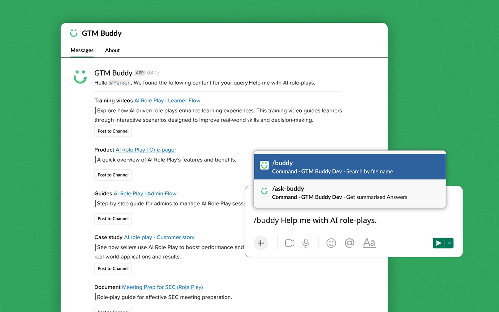 GTM Buddy feature detail — Marketing app on the Slack Marketplace