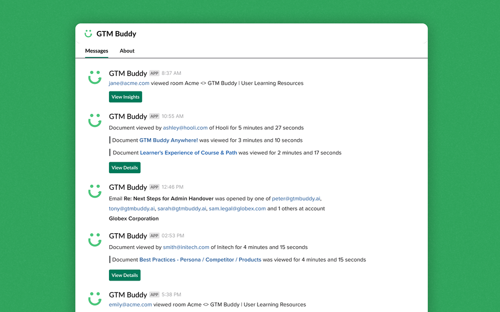 GTM Buddy dashboard view — Marketing app on the Slack Marketplace