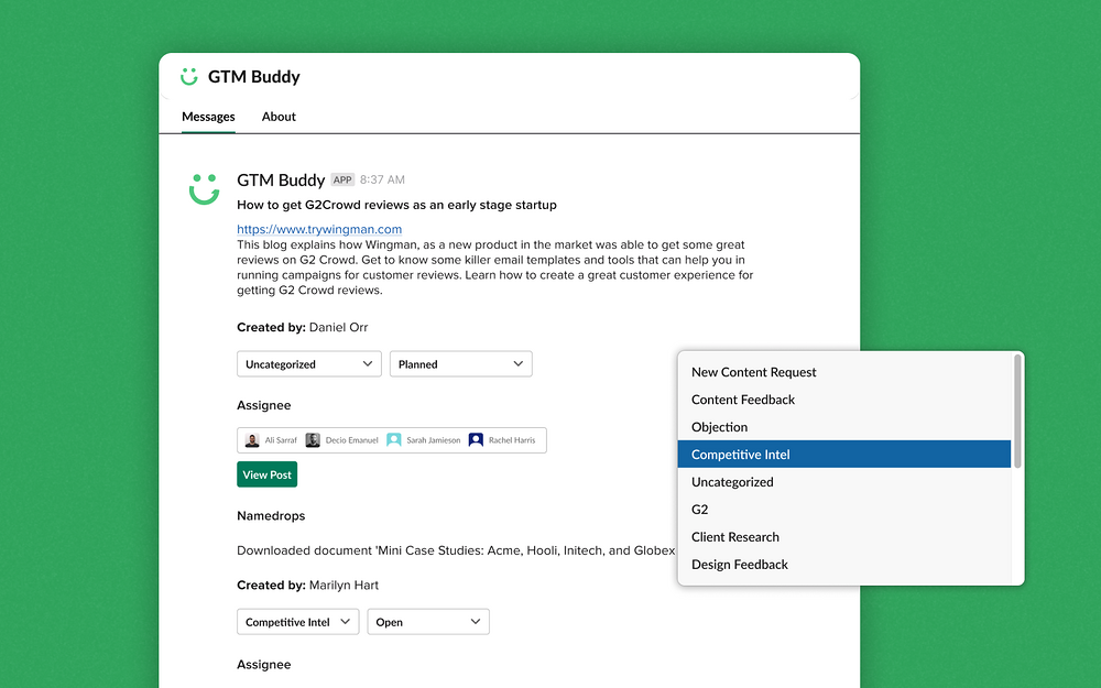 GTM Buddy settings interface — Marketing app on the Slack Marketplace