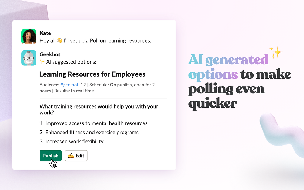 Standup, Polls & Surveys by Geekbot settings interface — HR & Team Culture app on the Slack Marketplace