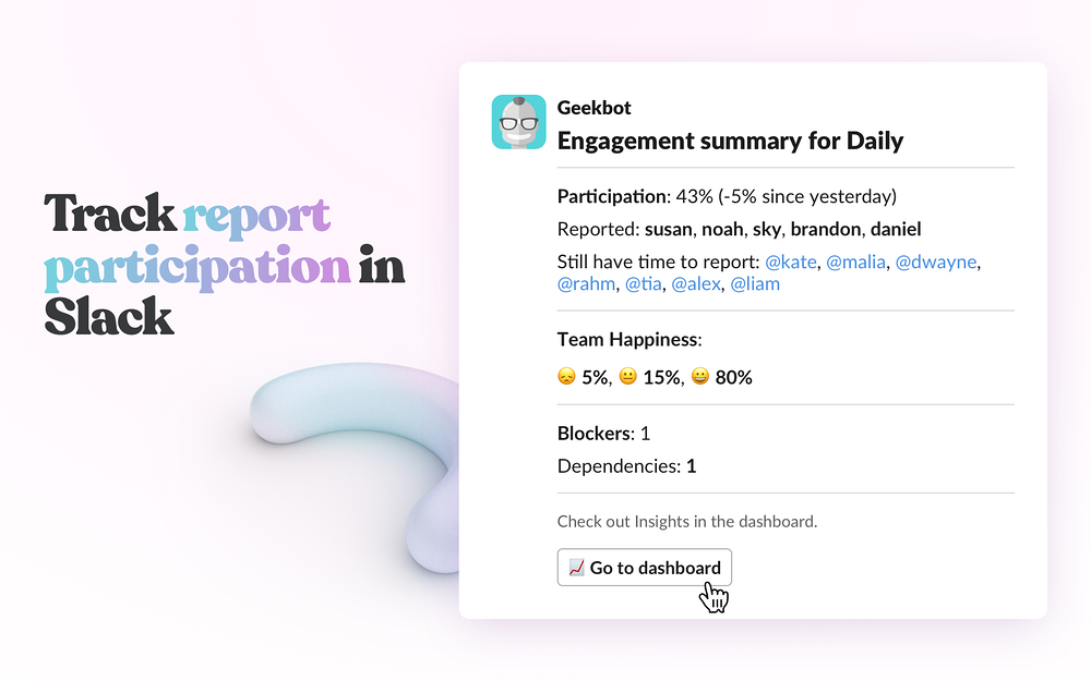 Standup, Polls & Surveys by Geekbot dashboard view — HR & Team Culture app on the Slack Marketplace