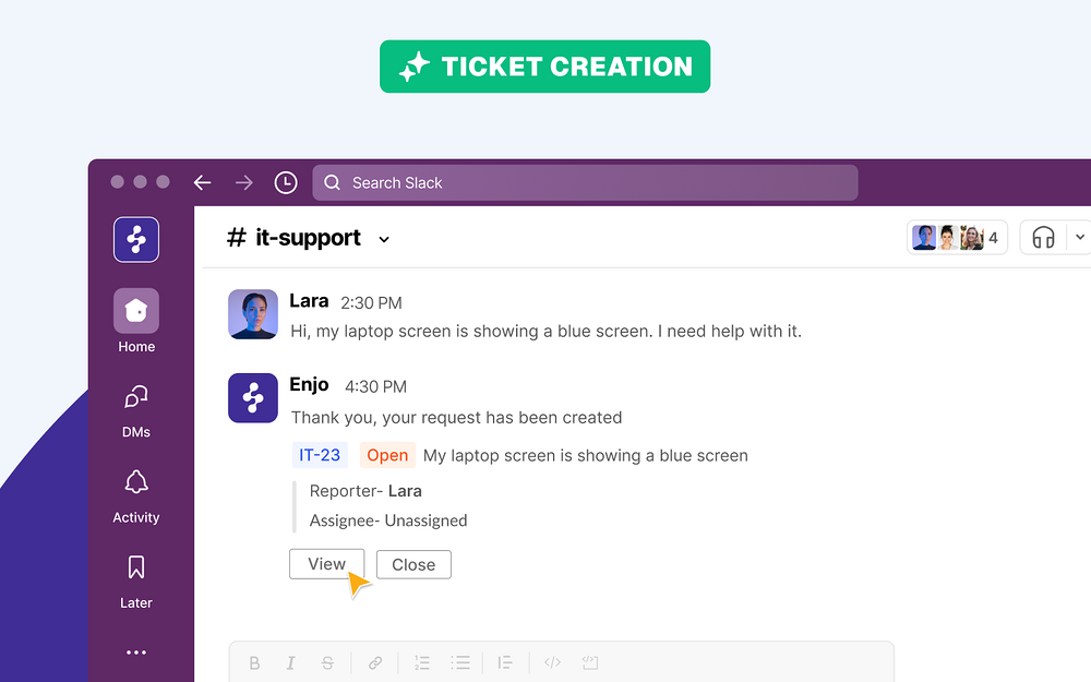 Enjo dashboard view — Office Management app on the Slack Marketplace