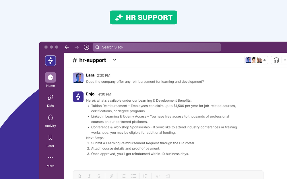 Enjo feature detail — Office Management app on the Slack Marketplace