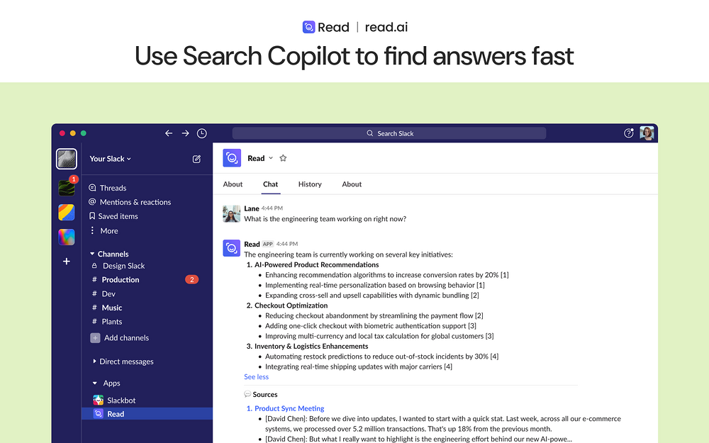Read AI dashboard view — Analytics app on the Slack Marketplace