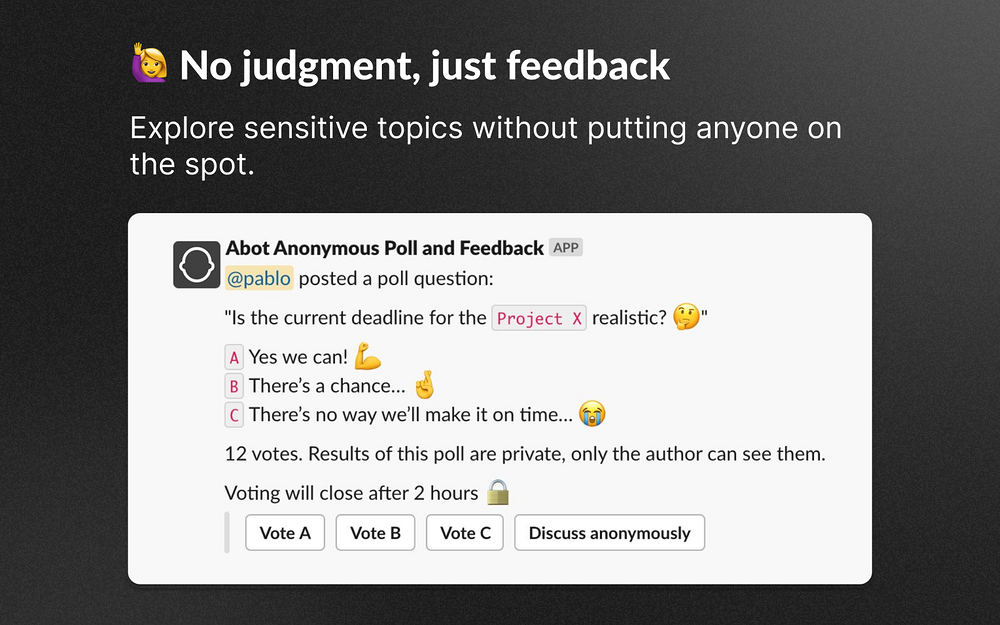 Abot | Anonymous Poll and Feedback settings interface — Brilliant Bots app on the Slack Marketplace
