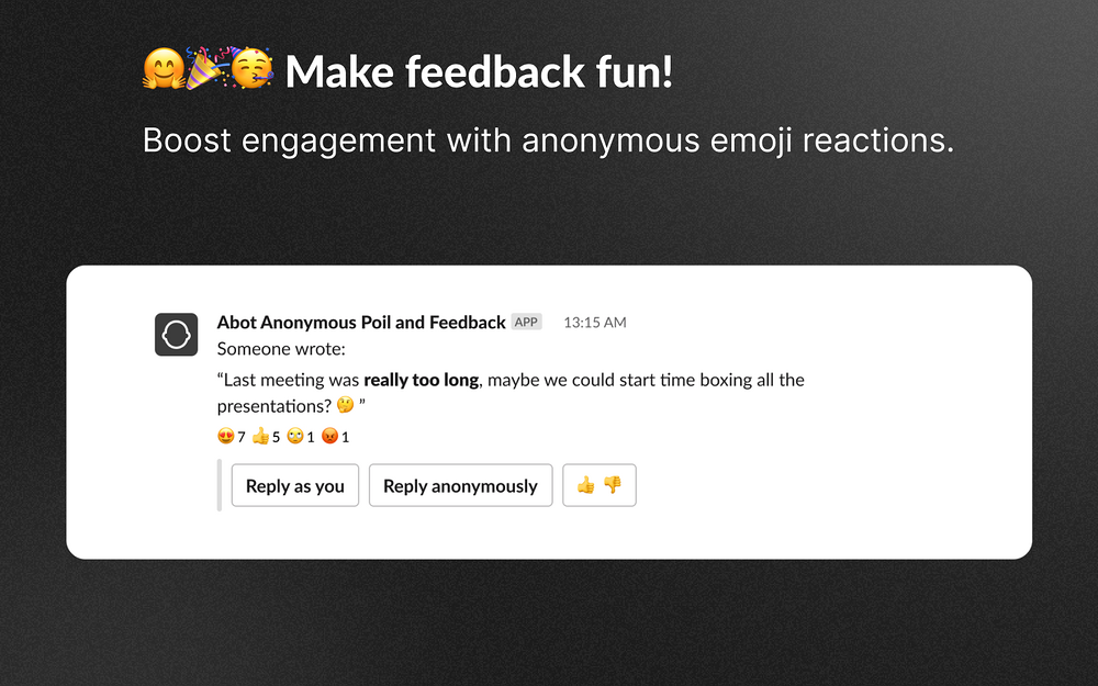 Abot | Anonymous Poll and Feedback feature detail — Brilliant Bots app on the Slack Marketplace