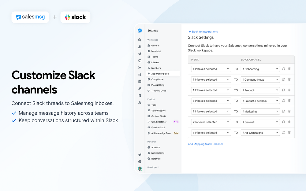 Salesmsg integration setup — Sales app on the Slack Marketplace