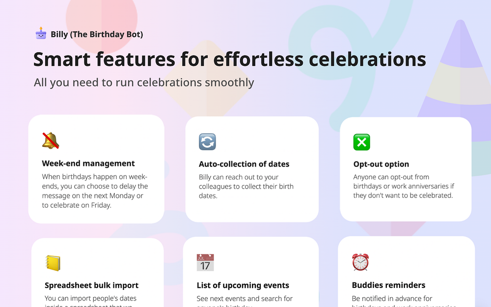 Billy (The birthday bot) settings interface — Social & Fun app on the Slack Marketplace