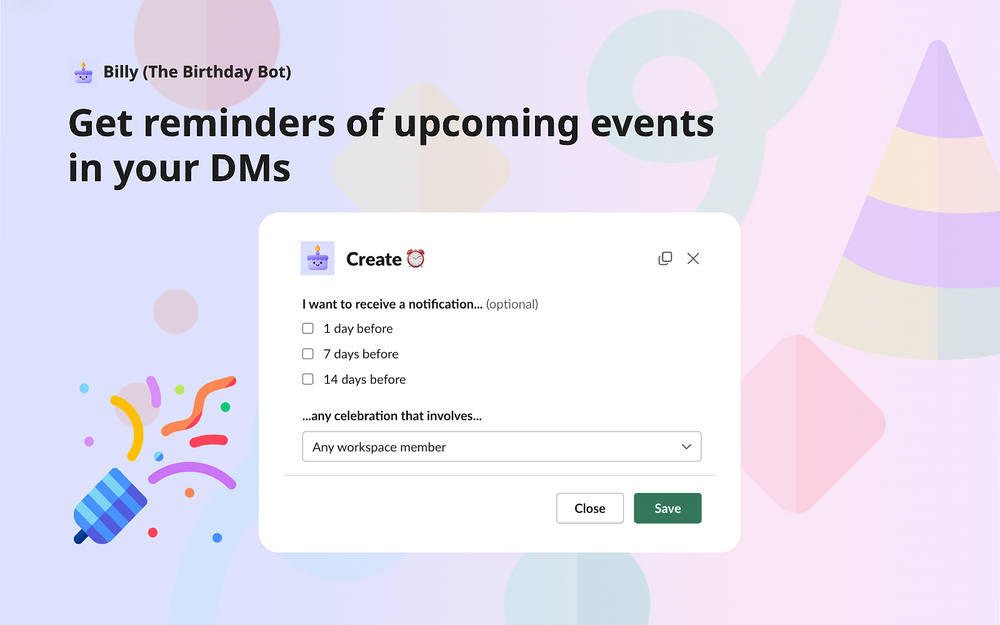 Billy (The birthday bot) feature detail — Social & Fun app on the Slack Marketplace