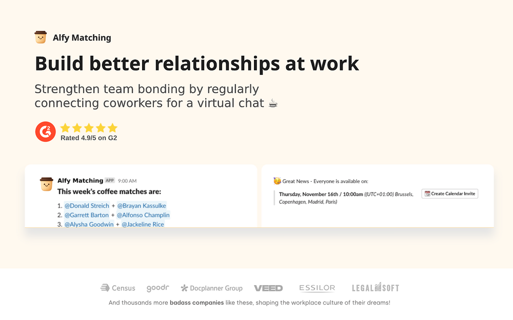 Coffee & Donut Chat • Alfy primary marketing image — Health & Wellness app on the Slack Marketplace