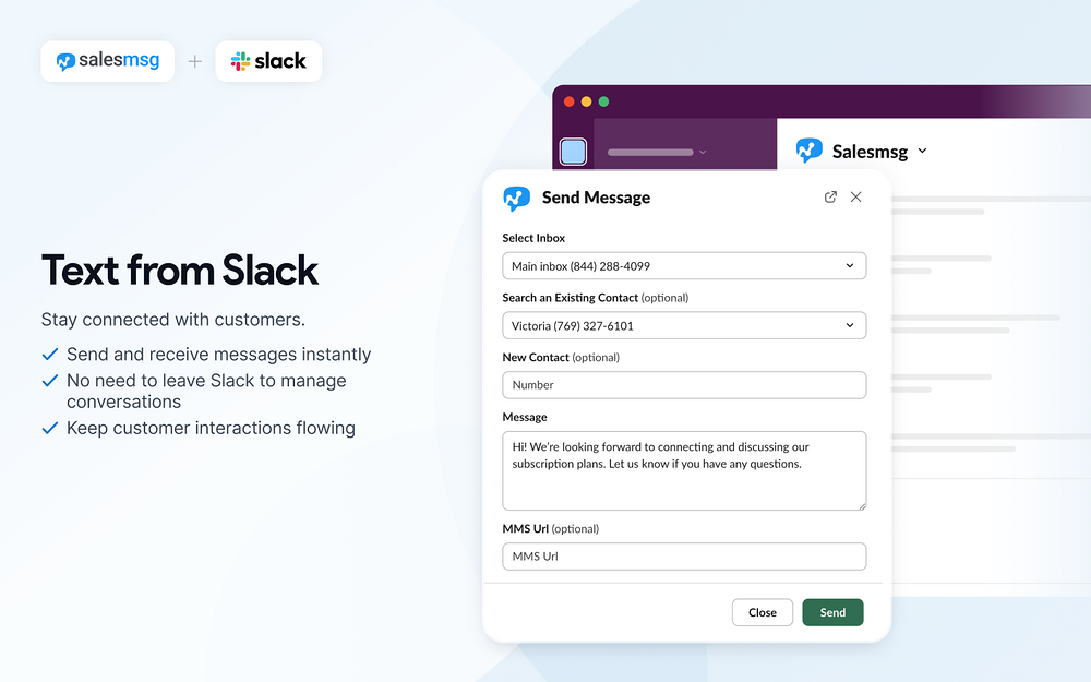 Salesmsg dashboard view — Sales app on the Slack Marketplace