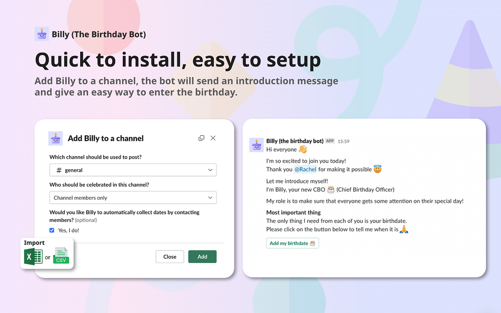 Billy (The birthday bot) dashboard view — Social & Fun app on the Slack Marketplace