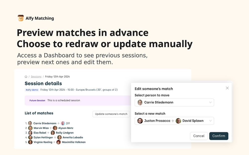 Coffee & Donut Chat • Alfy settings interface — Health & Wellness app on the Slack Marketplace