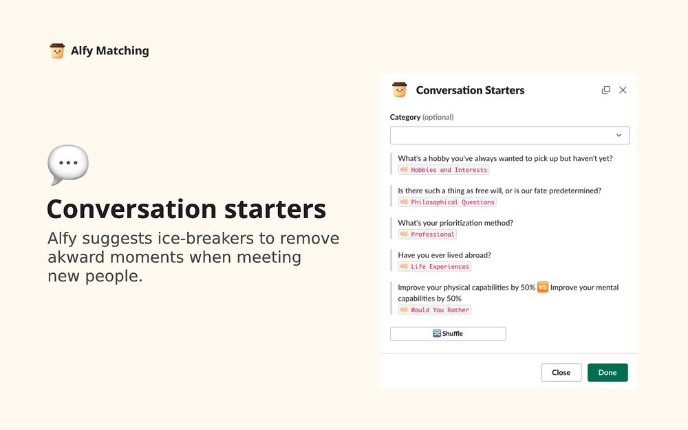 Coffee & Donut Chat • Alfy feature detail — Health & Wellness app on the Slack Marketplace