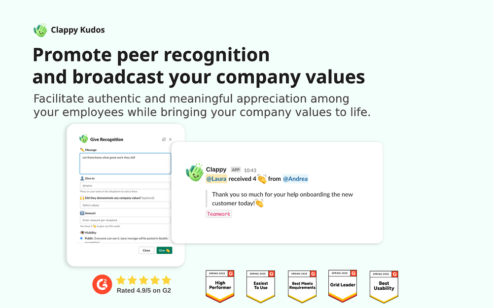 Kudos, Praise & Shoutout • Clappy primary marketing image — Health & Wellness app on the Slack Marketplace