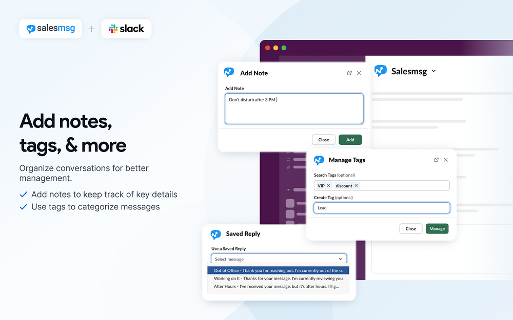 Salesmsg settings interface — Sales app on the Slack Marketplace