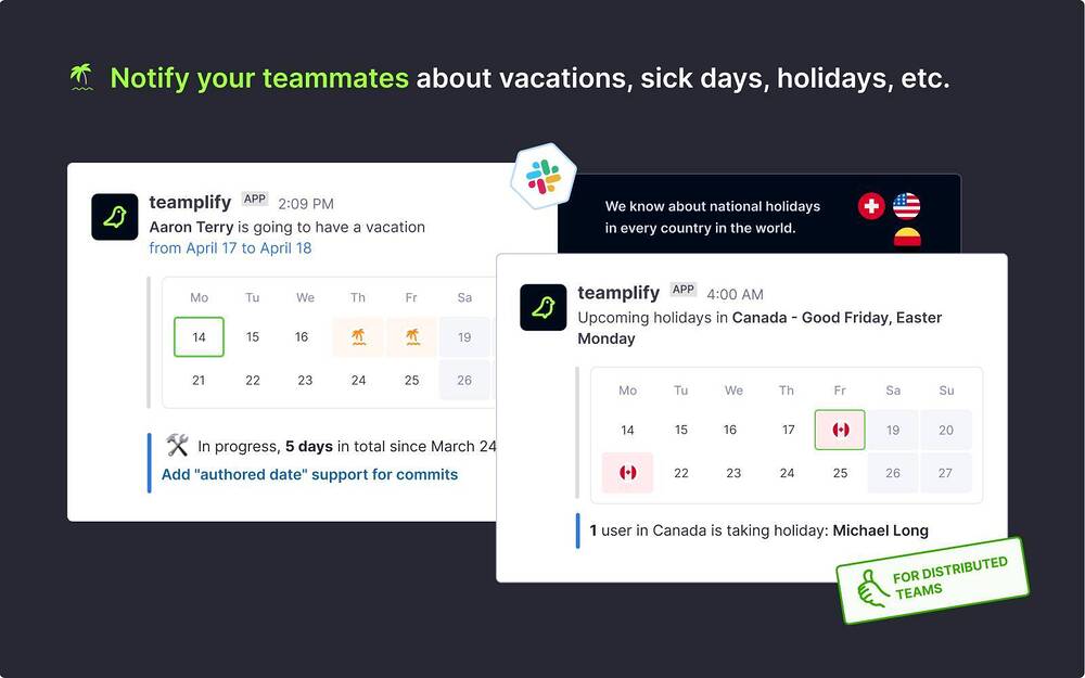 Teamplify: Time Off, Standups feature detail — Analytics app on the Slack Marketplace