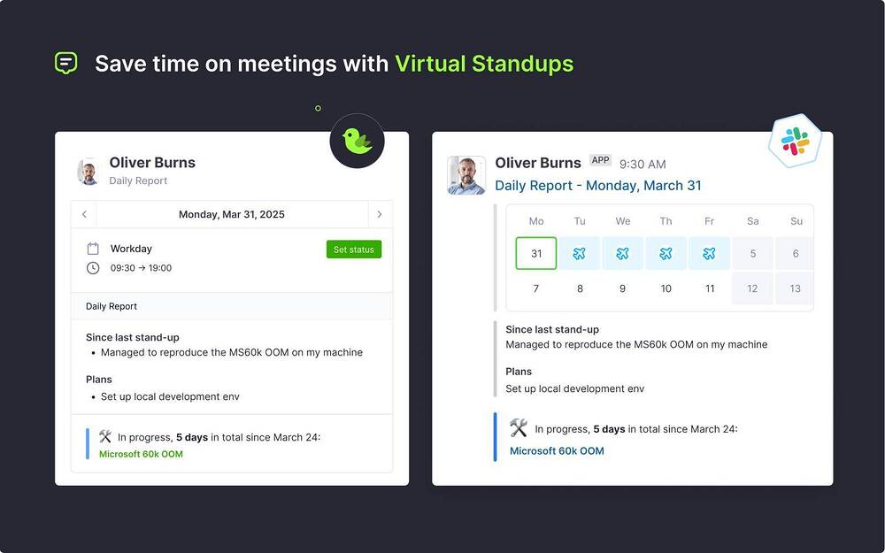 Teamplify: Time Off, Standups dashboard view — Analytics app on the Slack Marketplace