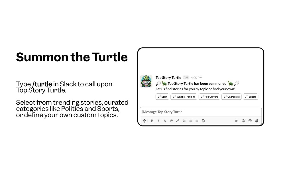 Top Story Turtle primary marketing image — Media & News app on the Slack Marketplace