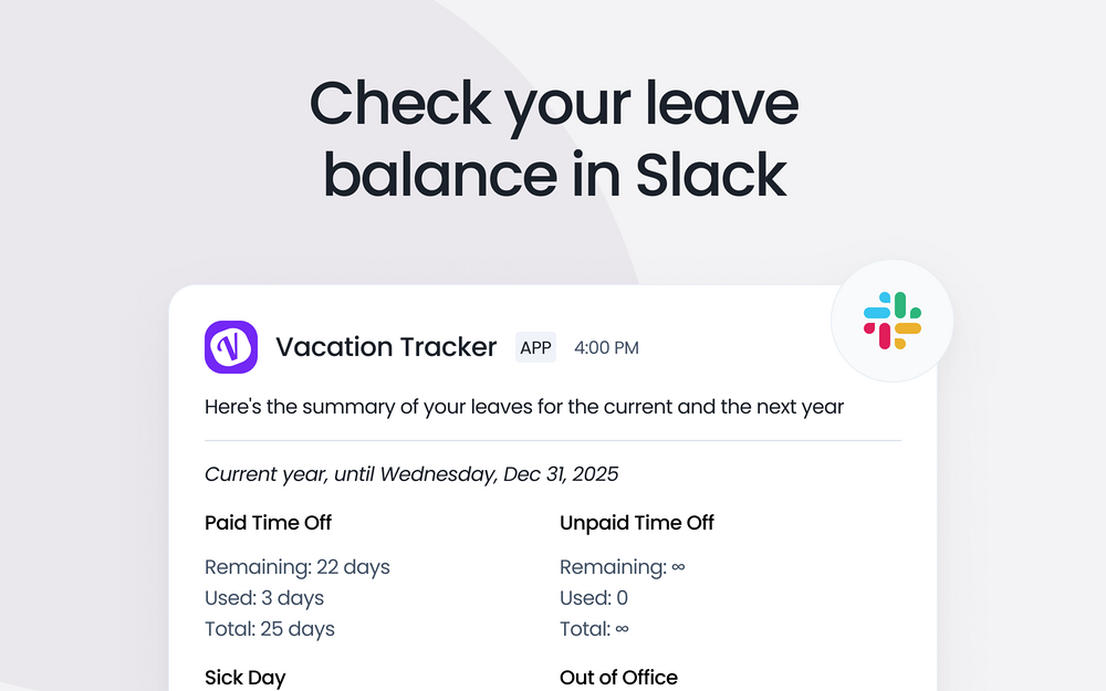 Vacation Tracker | PTO & Leave feature detail — Brilliant Bots app on the Slack Marketplace