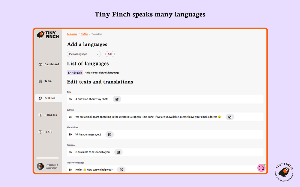 Tiny Finch settings interface — Marketing app on the Slack Marketplace