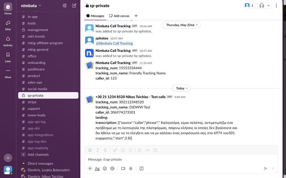 Nimbata dashboard view — Marketing app on the Slack Marketplace