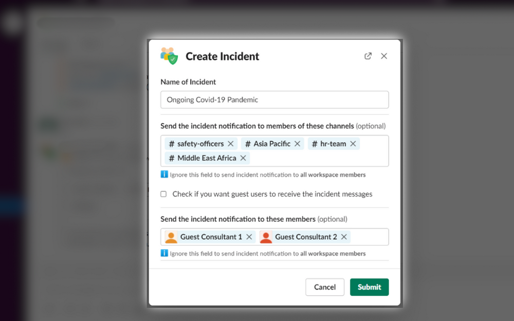 Safety Check dashboard view — Health & Wellness app on the Slack Marketplace
