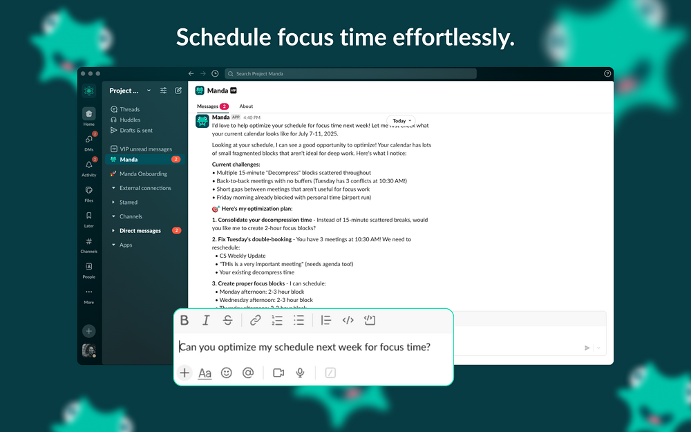 Manda - AI Calendar Assistant settings interface — HR & Team Culture app on the Slack Marketplace