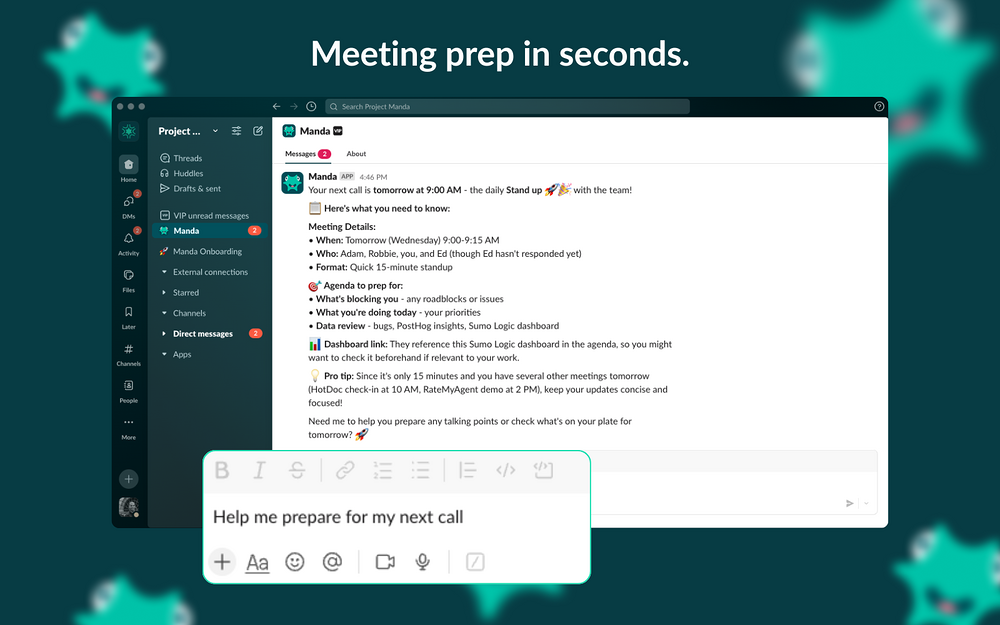 Manda - AI Calendar Assistant integration setup — HR & Team Culture app on the Slack Marketplace