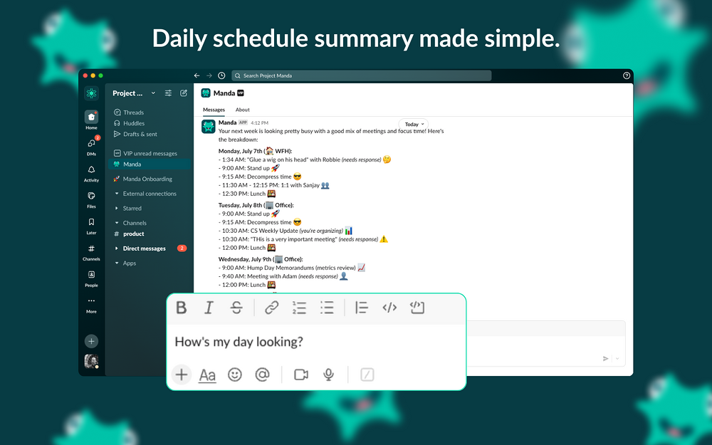 Manda - AI Calendar Assistant dashboard view — HR & Team Culture app on the Slack Marketplace