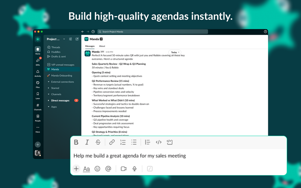 Manda - AI Calendar Assistant feature detail — HR & Team Culture app on the Slack Marketplace