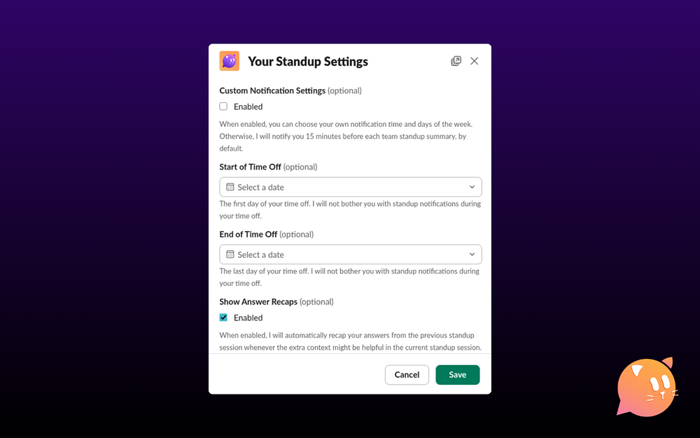 Standup for Me mobile preview — Project Management app on the Slack Marketplace