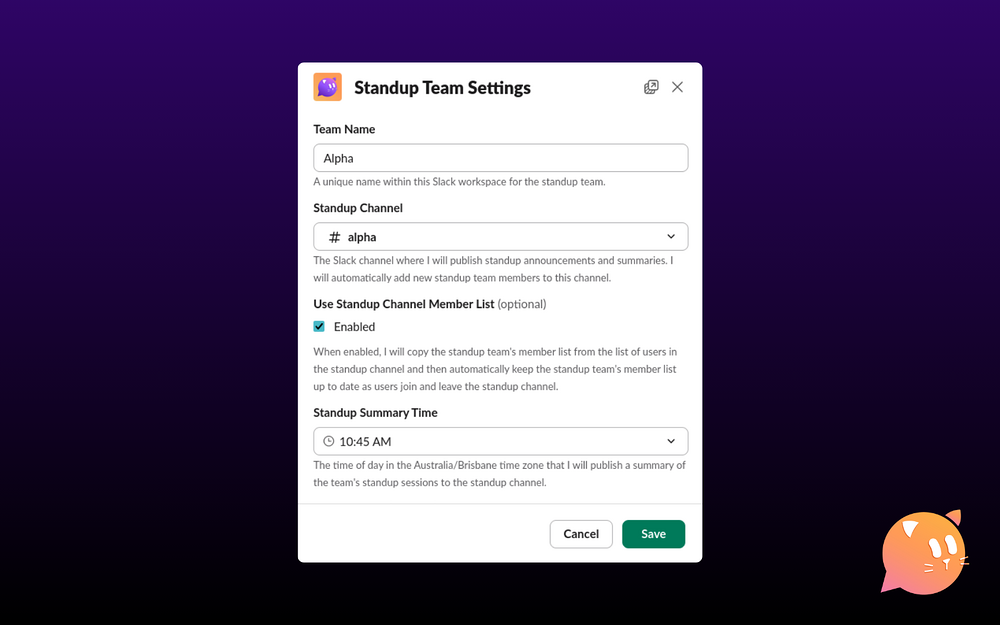 Standup for Me settings interface — Project Management app on the Slack Marketplace