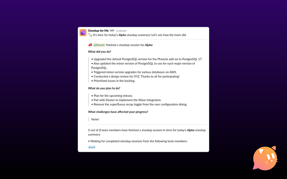Standup for Me feature detail — Project Management app on the Slack Marketplace