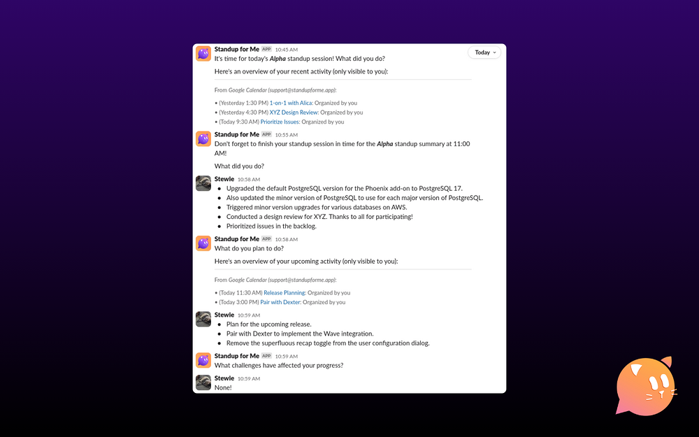 Standup for Me dashboard view — Project Management app on the Slack Marketplace
