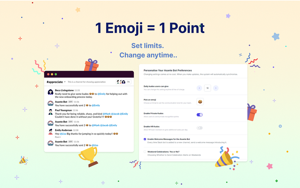 Asante | Recognition & Rewards settings interface — Working from home app on the Slack Marketplace