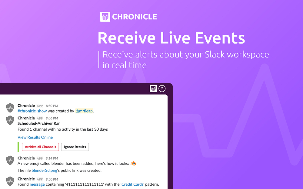 Chronicle settings interface — Security & Compliance app on the Slack Marketplace
