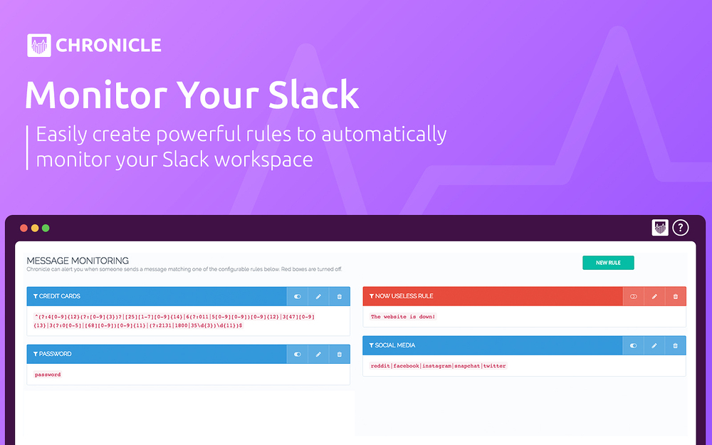 Chronicle dashboard view — Security & Compliance app on the Slack Marketplace