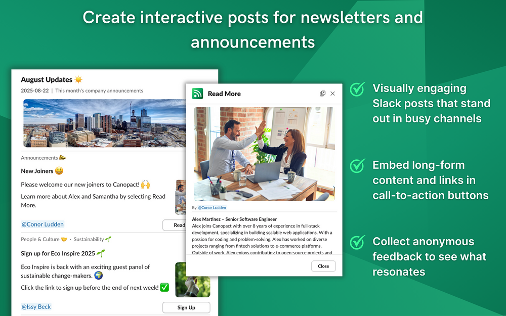 Canopact dashboard view — Analytics app on the Slack Marketplace